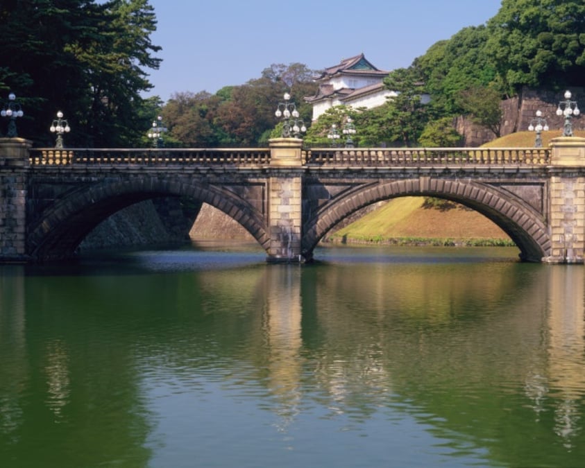 Imperial Palace East Gardens with a historic bridge and lush greenery in Tokyo.