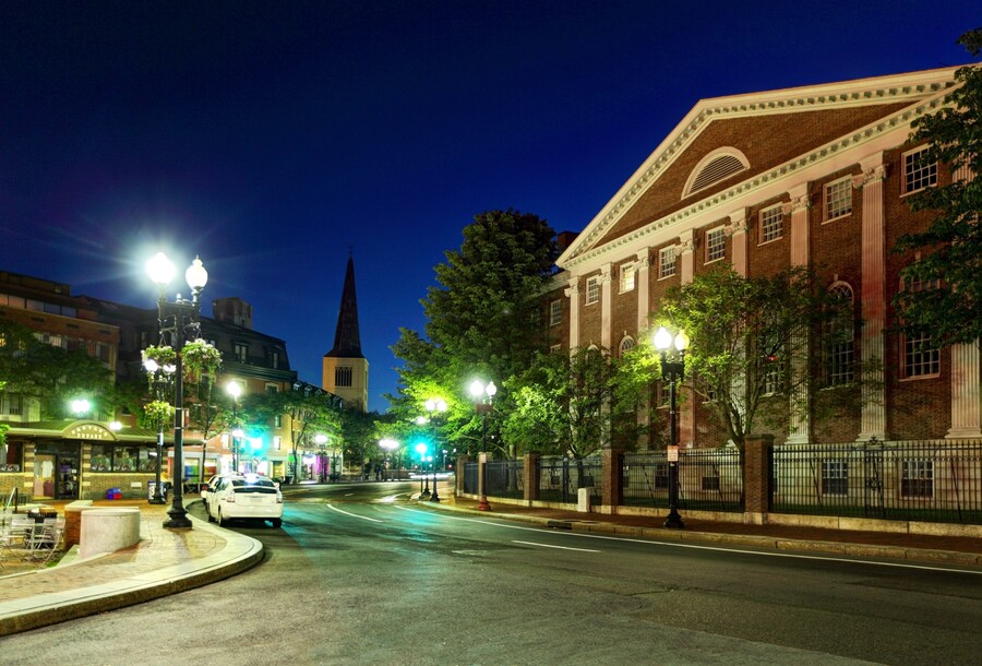 Historic architecture and lively streets at Harvard Square in Boston.