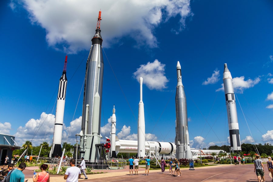 Rocket displays at Kennedy Space Center Visitor Complex in Florida.