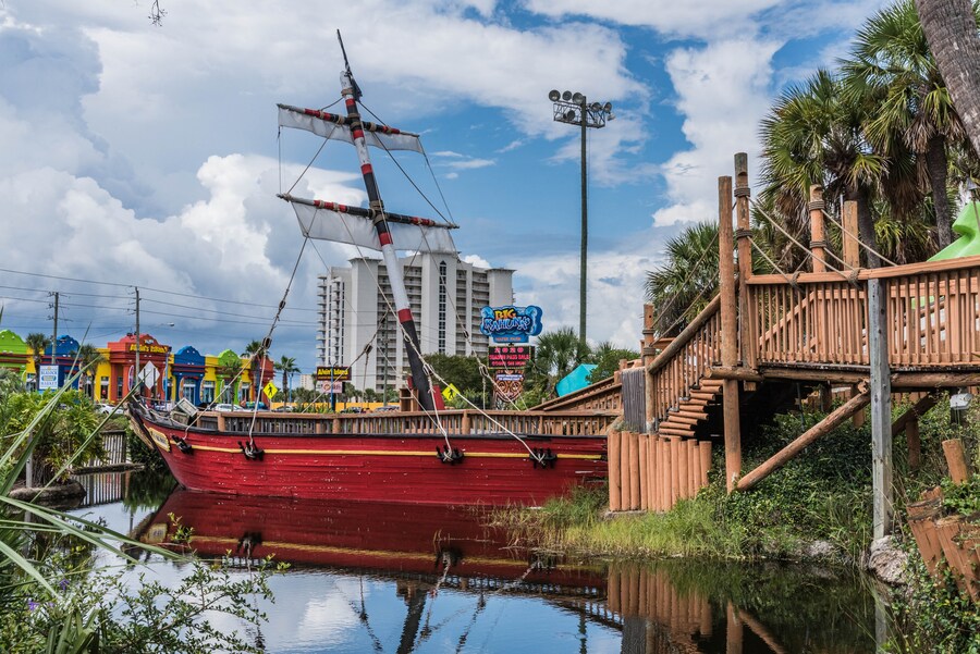 Pirate ship and colorful attractions at Big Kahuna's Water and Adventure Park in Destin, Florida.