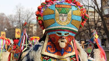 The annual Surva Festival of Masquerade Games or Kukeri festival in Pernik, Bulgaria. The participants wear masks with the faces of beasts and birds; and heavy copper bells around their waists and perform rituals to dispel the evil spirits which might otherwise bring ill fortune to a community. #Festival