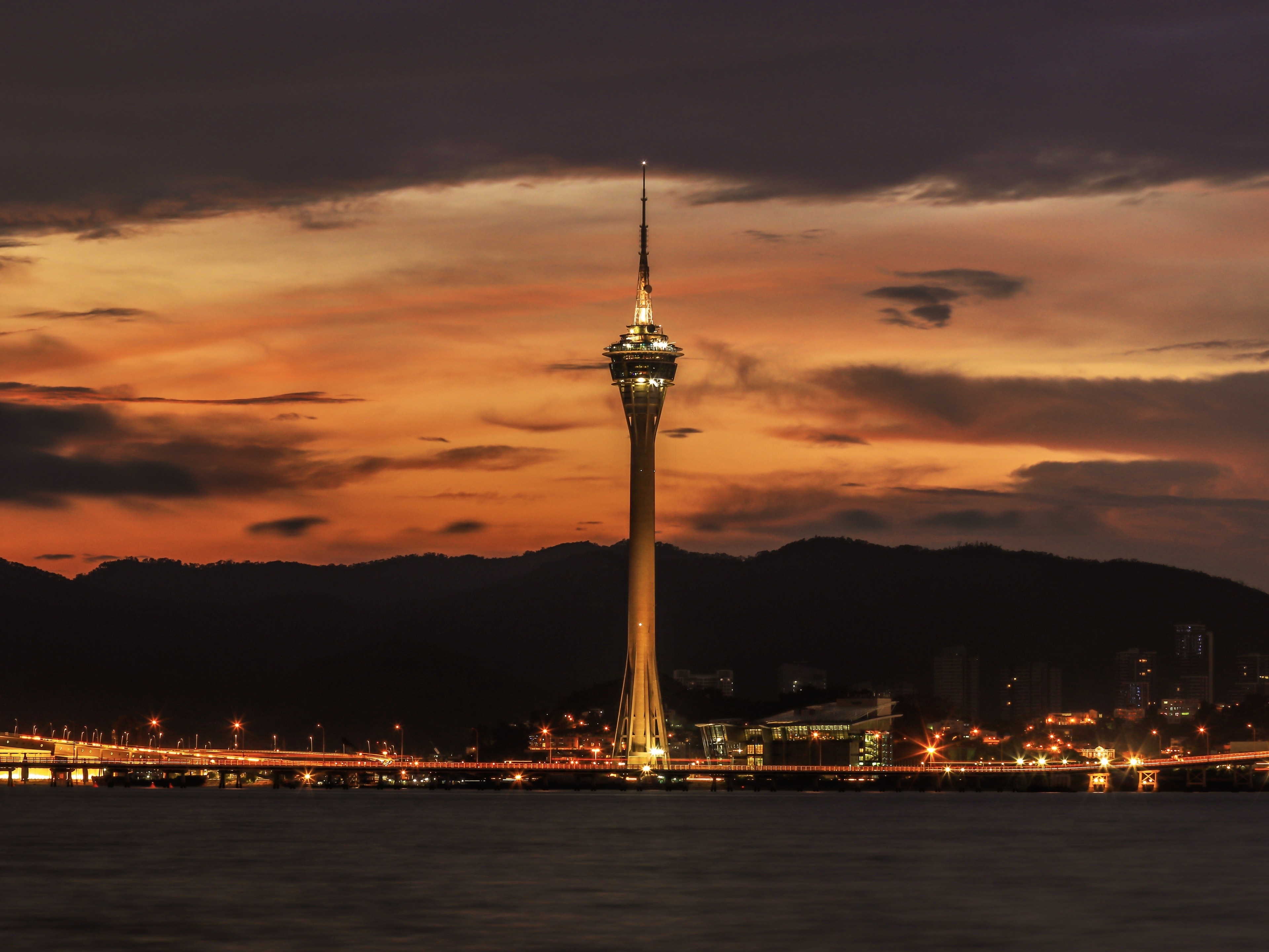The Macau Tower at Dusk. From the other side of Taipa Island you can capture a classic image of the Macau tower, from sunset, dusk and blue hour time..