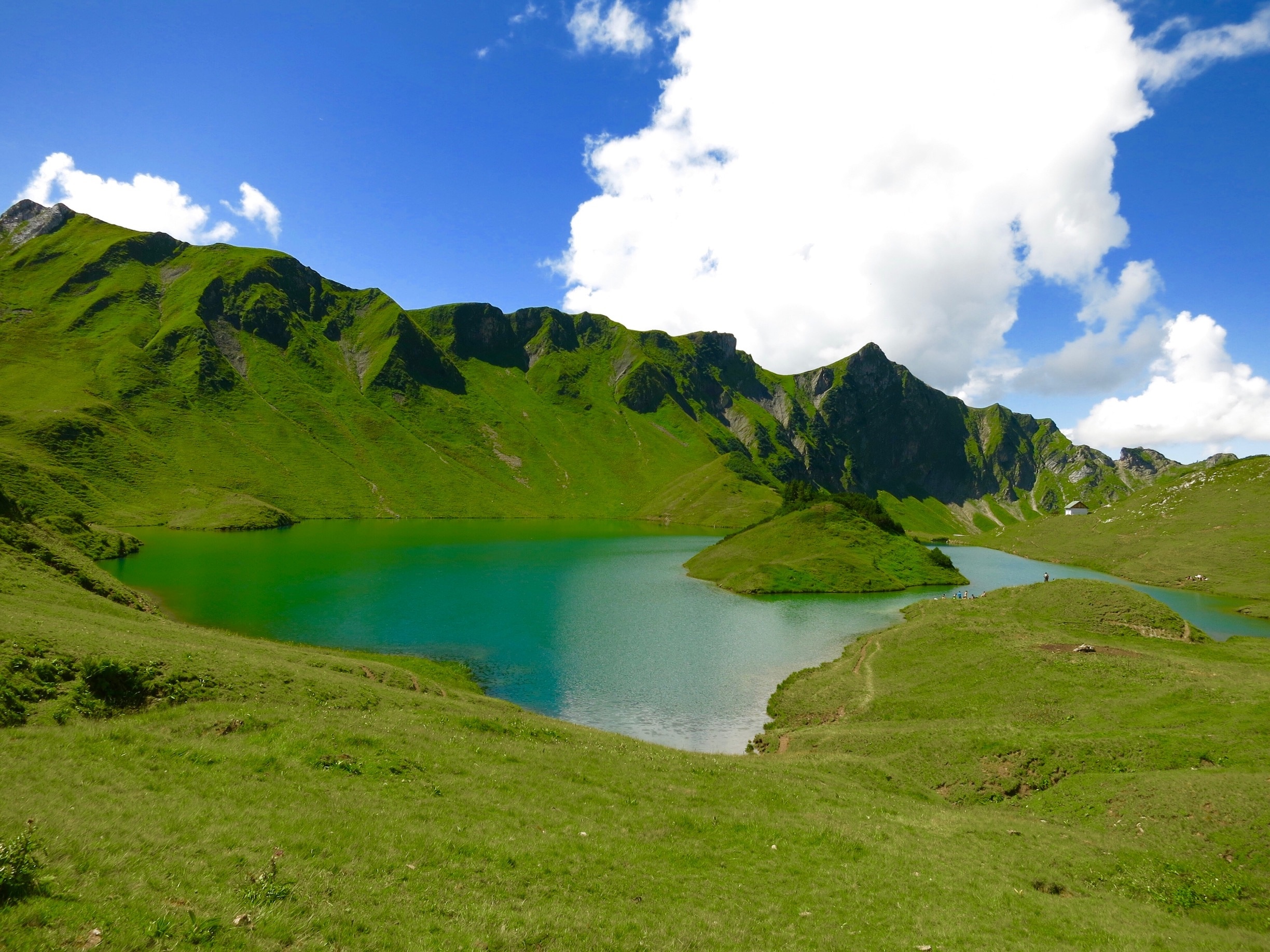 Did you know that you can find a slice of Scottish highlands in #Germany, to be more precise, in the Allgaeu region of the Bavarian Alps? 

Let me introduce you to the picturesque high alpine lake of Schrecksee with an island on 1813 m/5949 ft! It's a very popular destination especially in summer among hikers and cattle alike. From the saddle, you can cross the border to Austria and enjoy the breathtaking views over the mountain valley and the lake in the middle of the rolling hills!  #hiking #mountains #outdoors #nature 
