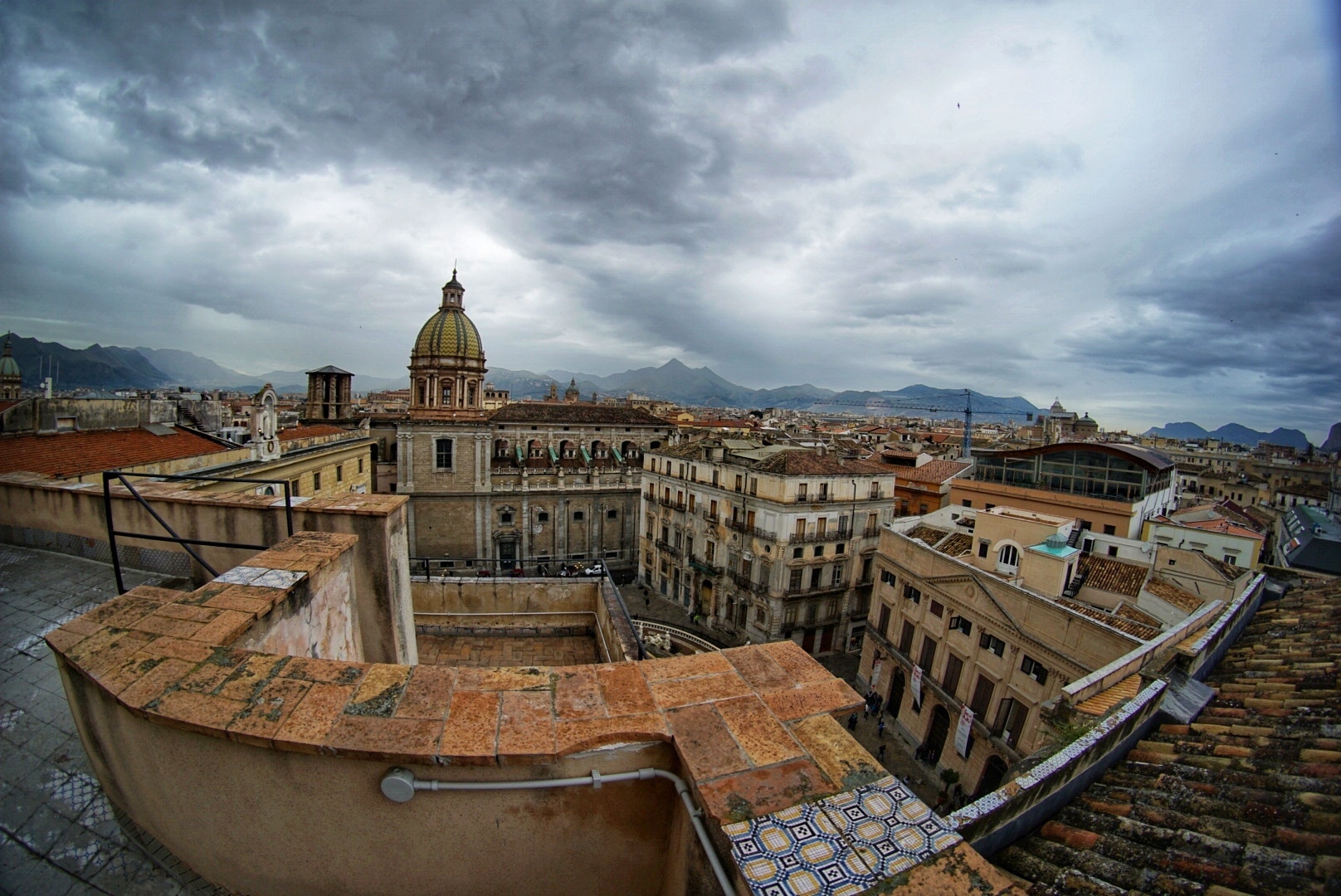Taken from the roof of the church of Saint Catherine of Alexandria. 
Great views of the city.
Taken on a Sony a6000 with a 7artisans fisheye lens.