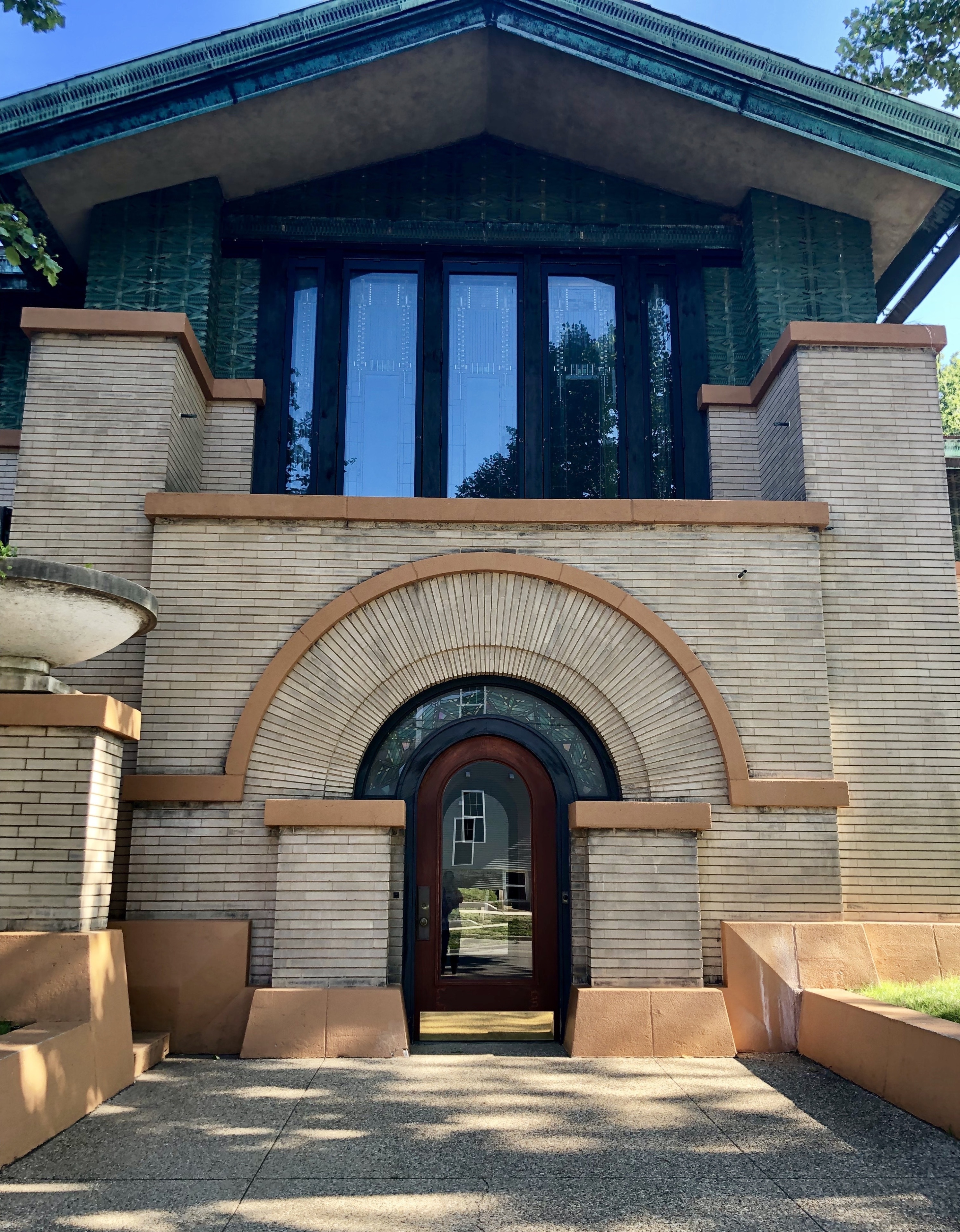 Front entry to the fabulous Dana-Thomas house. Built by Frank Lloyd Wright between 1902-04 for a local widow. The house has the largest number of FLW built furniture and art glass of any of his remaining properties.  Tours are offered and we would highly recommend them as this house is special!  (Also, no photos inside so you have to your to see it!)