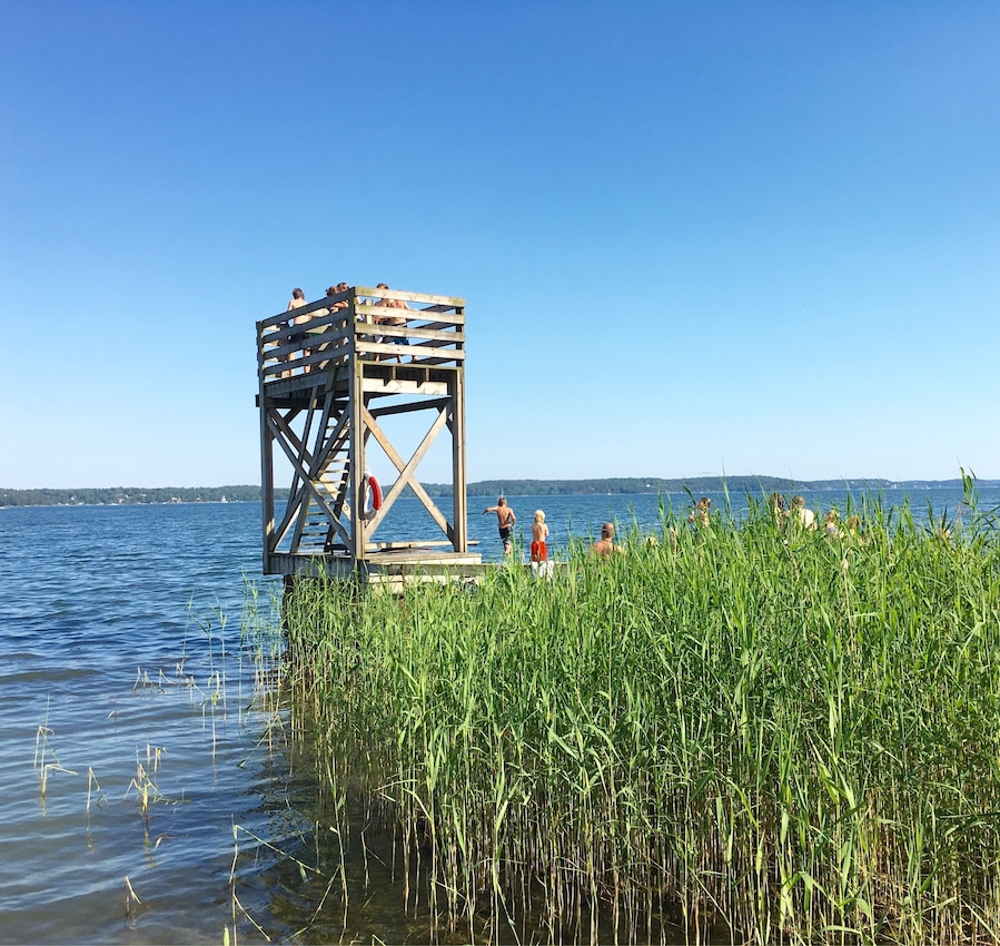 Just up from Boo, this is a wonderful Swedish beach with diving plaform, views across the sound and happy kids.
