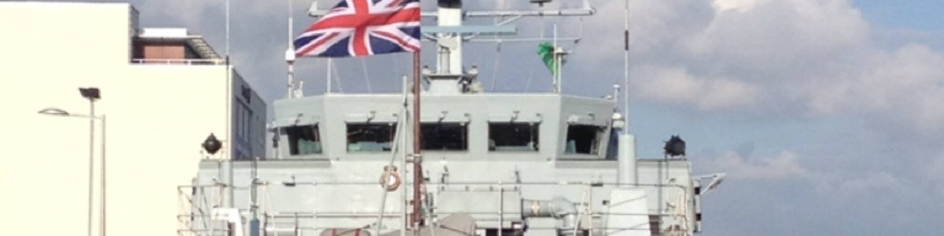 HMS Penzance docked in Swansea marina to commemorate the end of the falkland war.