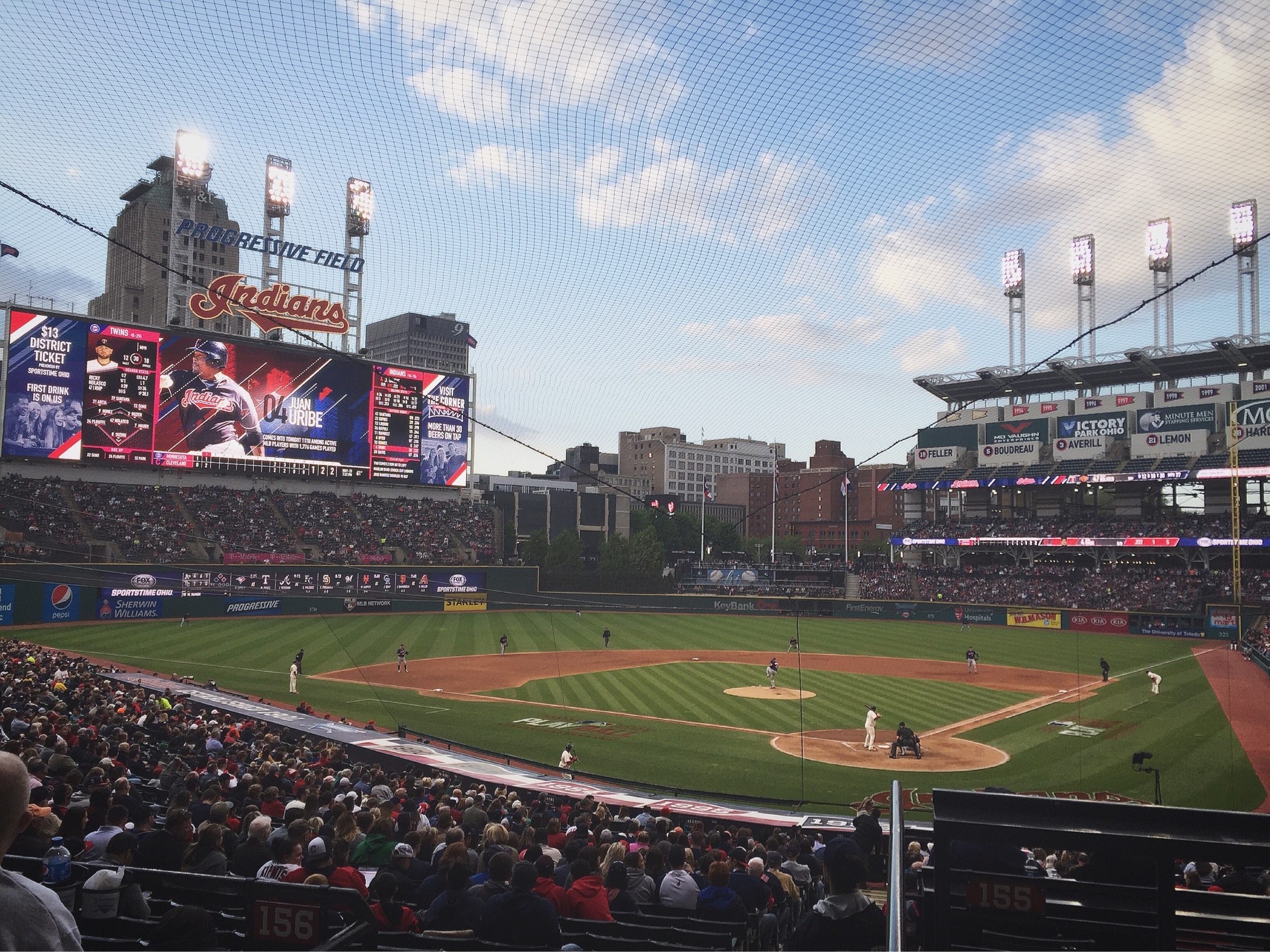 Beautiful ballpark, right in the heart of downtown Cleveland. 

Cleveland Indians - 7 
Minnesota Twins - 6  