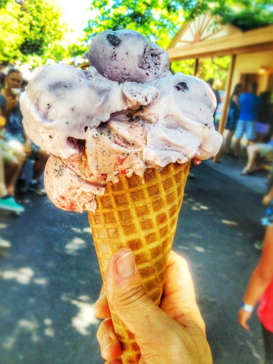 Go to the Ice Creamery for incredible, copious amounts of delicious ice cream. This is considered one scoop (seriously!) and I even got to choose two flavors. (There has to be at least 6 scoops here). I had the huckleberry and also chocolate covered cherry. This was the best on a hot afternoon at Silverwood Theme Park! 

#TroveOn