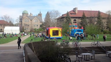 Wilder Bowl, the heart of Oberlin College, is a large, open grassy area where the students hangout on a nice day.  It also hosts "stress-relieving" bouncy tents and obstacle courses during mid-terms.