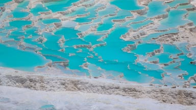 This is so cool! These are pools of natural water that have come out of the earth's surface to form natural springs. Place can get very hot in the summer, and don't forget to bring your sunglasses because the light is reflected of the white surfaces and it really hurts your eyes. They also have pools where you can swim, and Cleopatra pool, which locals say will make you pretty