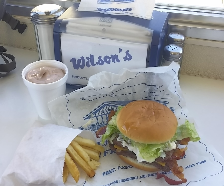 A double bacon cheeseburger with fries and a frosted malt from Wilson's Sandwich Shop in Findlay, OH
Wilson's opened in 1936 as a spin-off from Kewpee Hamburgers now headquartered in nearby Lima, OH.
Having visited both recently, comparing Wilson's to Kewpee, I'd say both have old school cool atmosphere. The food at Wilson's feels more like vintage diner quality and Kewpee is more straight up fast food.