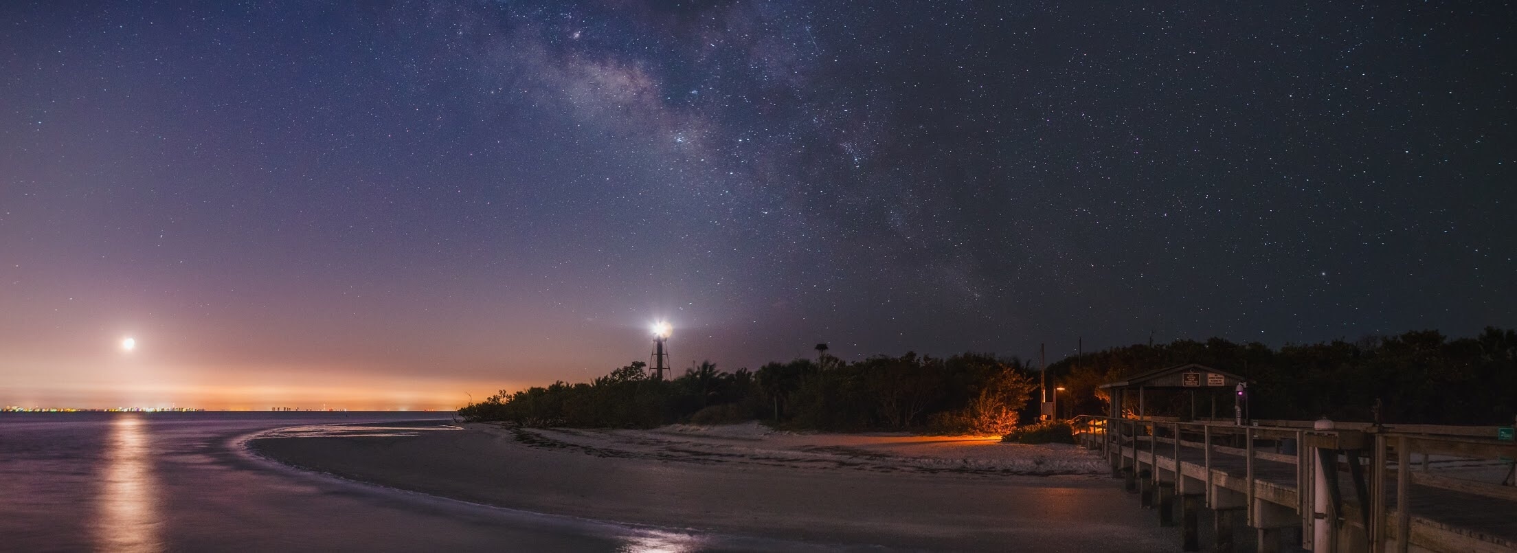 Sanibel Light, Fort Myers, Bonita Springs, and Naples in the background and under the Milky Way.  Taken from the end of the fishing pier. #beachtips