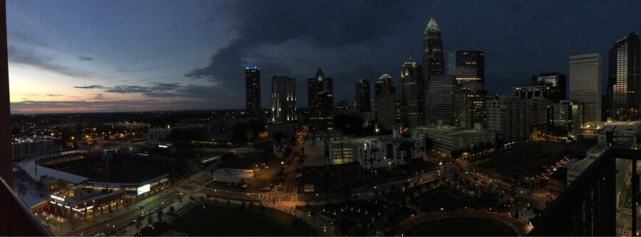 Skyline view of Charlotte, North Carolina, near Romare Bearden Park.