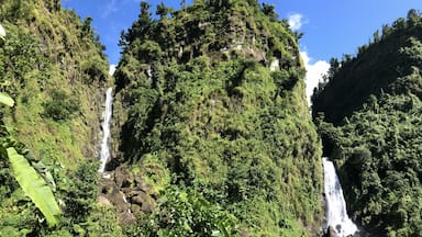 One of the many beautiful waterfalls on the island of Dominica. Hot baths, kind people and breathtaking hikes are the main interests of this island.