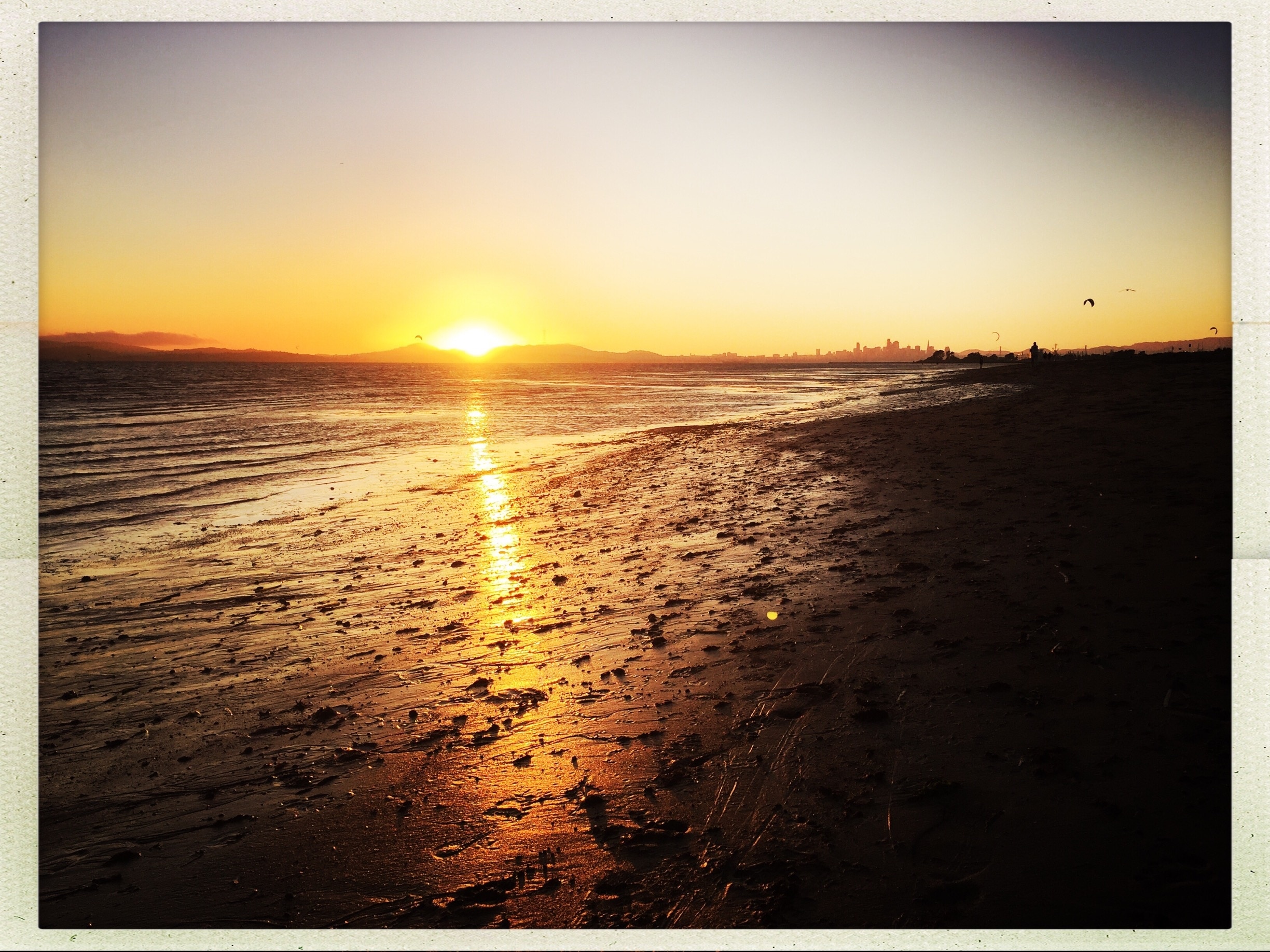 Sunset over the kite surfing beach in Alameda