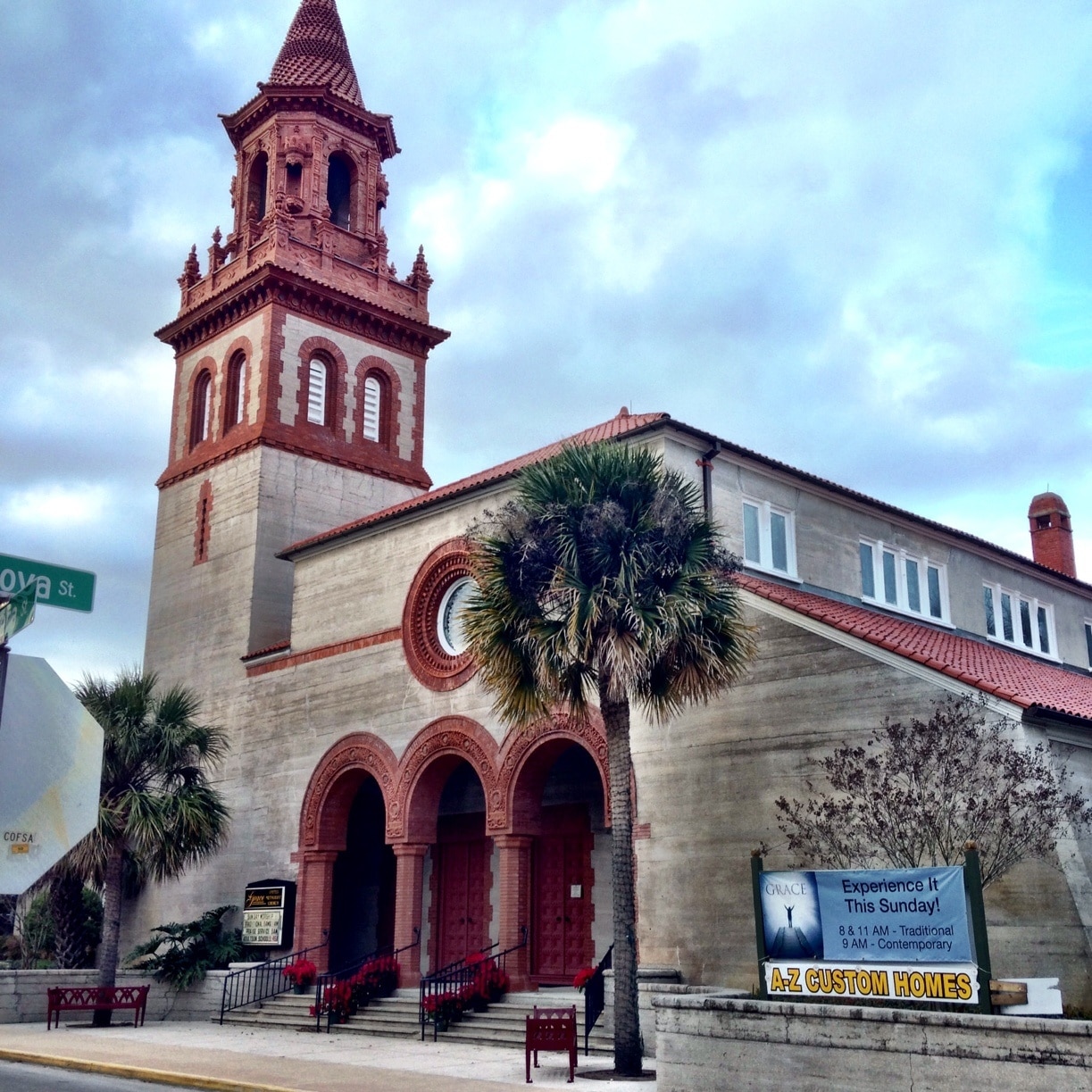 Grace United Methodist Church is a reminder of the tremendous physical impact Henry M. Flagler had on St. Augustine. This complex of structures resulted from a compromise between Flagler and the congregation of Olivet Church. That group of northern Methodists agreed to exchange the land on which their church and parsonage stood for a new complex designed by John M. Carrere and Thomas Hastings. Flagler, in turn, employed the same architects in designing his Alcazar Hotel, which rose on the former Olivet site. Construction began in 1886 and was dedicated in January 1888. The church and parsonage are excellent examples of the Spanish Renaissance Revival Style of architecture, and the decision to execute the design in poured concrete resulted in unusual and aesthetically pleasing structures which have stood the tests of time and the elements. Grace United Methodist Church was entered in the National Register of Historic Places on November 29, 1979. 