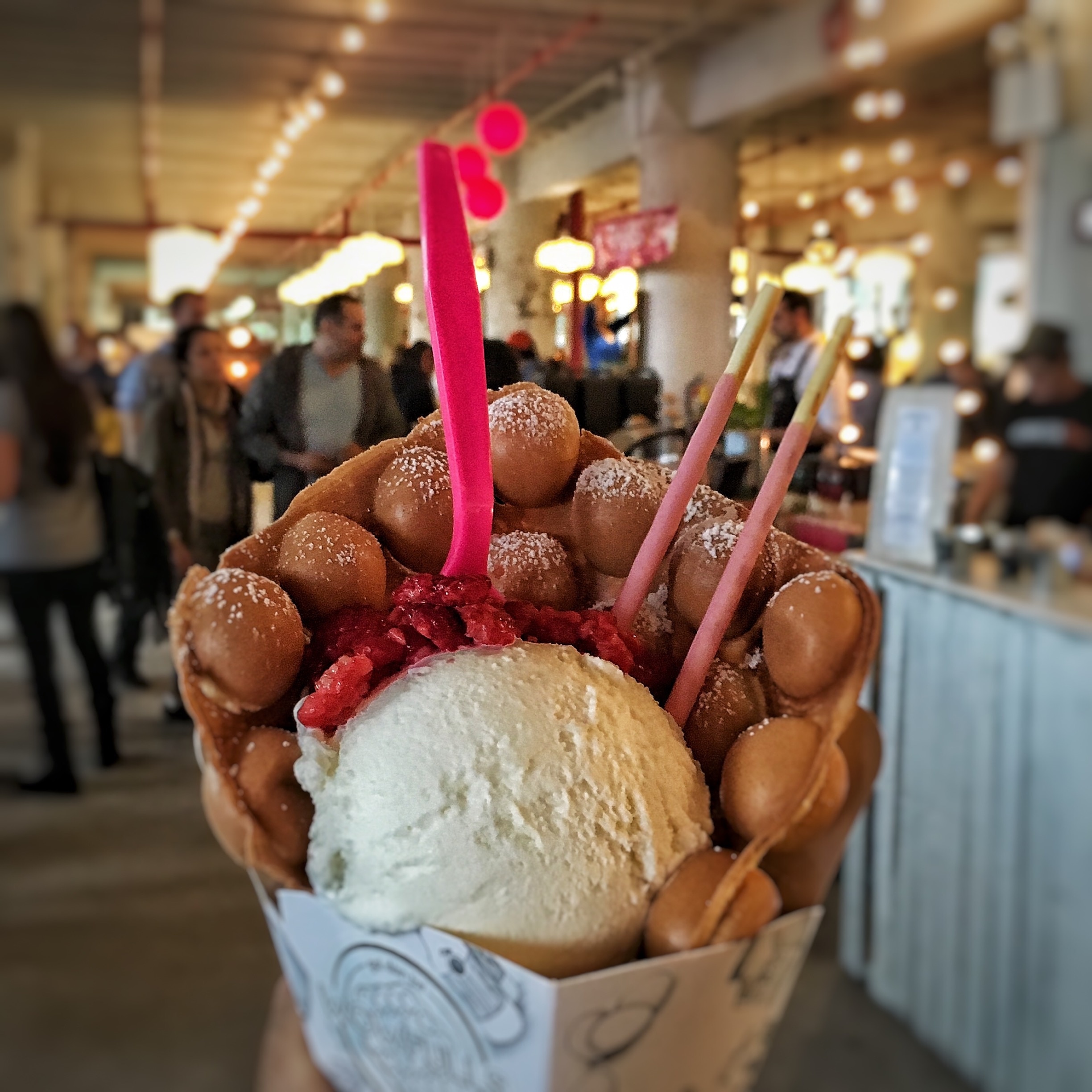 Smorgasburg is at Industry City for the winter. This #delicious confection is a Hong Kong egg cake with ice cream, Pocki sticks and raspberries!
