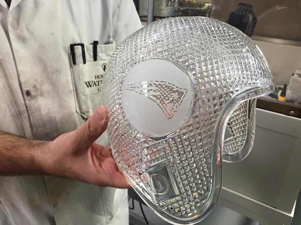 Getting a peek at the unfinished Waterford Crystal helmet of the Super Bowl Champions, the New England Patriots. 