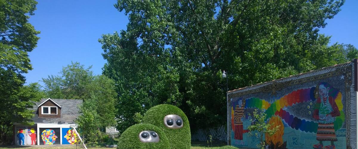 Public art in a vacant lot in the Waterloo arts district.