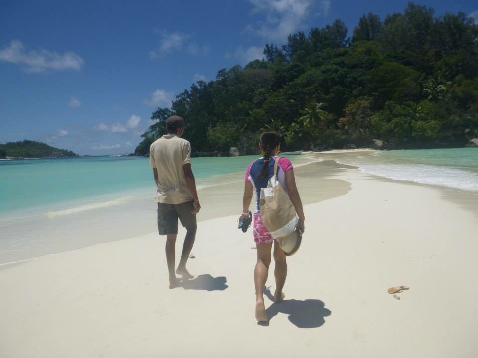 With our guide headin' to the island. The sandbar alone will make you want to visit Moyenne. Pristine white sand, few people and there's a hiking trail around the small island with tortoise encounter at the start. 