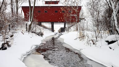 A short distance out of the small city of Milton, WI is a neat old wood covered bridge. It provides a little used road over a small meandering stream. On this Winter day we received over a foot of snow. The white flakes and the red bridge created one of my favorite Americana photos. The tree lined snowy path provides a surreal and wintery feel.