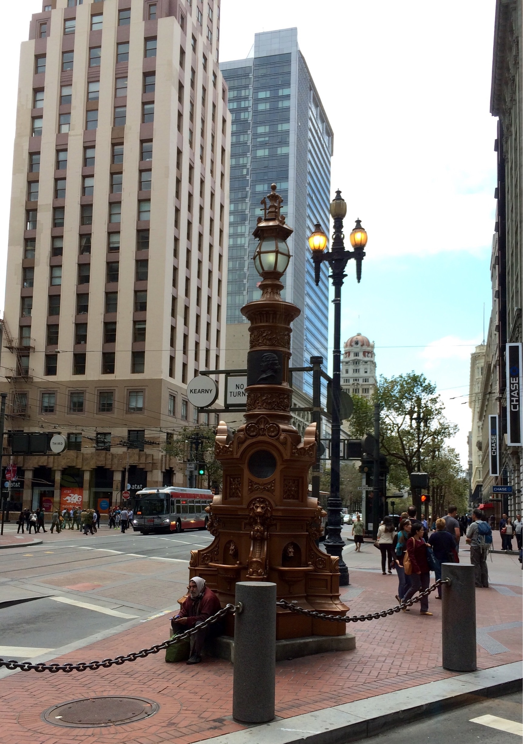 Historical fountain located at the intersection of Market Street, where Geary and Kearny Streets connect in downtown San Francisco, California.
   The oldest surviving monument in San Francisco. After an earthquake in 1906, the fountain, which was one of the few remaining structures on Market Street, became a central meeting place for the people in San Francisco. 
  It's interesting to learn new things when traveling. 
