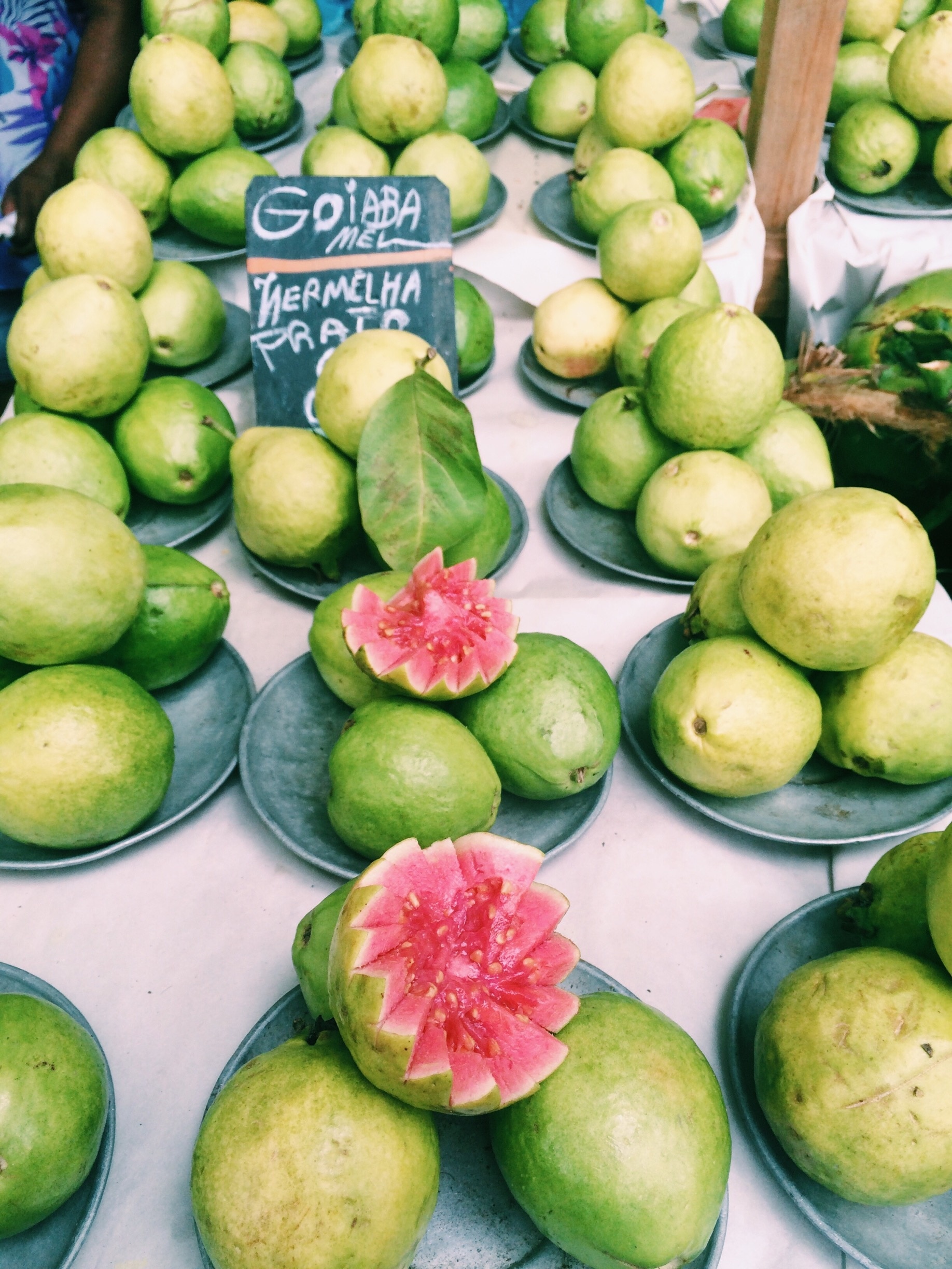 Fresh guava for sale at one of Rio de Janeiros Feira Livre or Fruit Market in Ipanema. The fruit market happens everyday in a different location, this one is in Ipanema. 