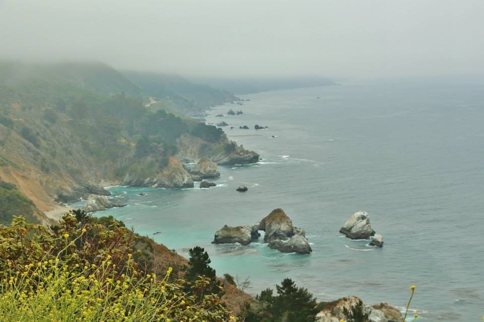 About a mile north of McWay Falls.  There's nothing quite like twisting along the cliffs of Big Sur as the fog rolls over Hwy 1 a thousand feet above the crashing waves.  A truly majestic place.