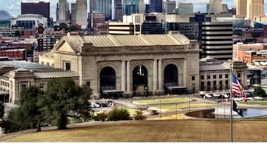 View of downtown Kansas City with Union Station in the forefront.