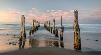 These piers are all that is left of a sea wall which has long since disappeared.

They are located at the western end of a long sandy beach, close to shops and cafes, and a salt water swimming pool
