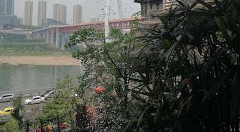 China is a land of contrast. Although parts of Hongya Cave are a recreation, the site boasts 2300 years of history. The stilted building is accessible from three roads on three different floors. Across the Jianglin River, the site is mirrored by modern high-rise buildings. A suspension bridge spans the river between Old and New. The view here is obtained from walking behind the waterfall on the west side of the building. 