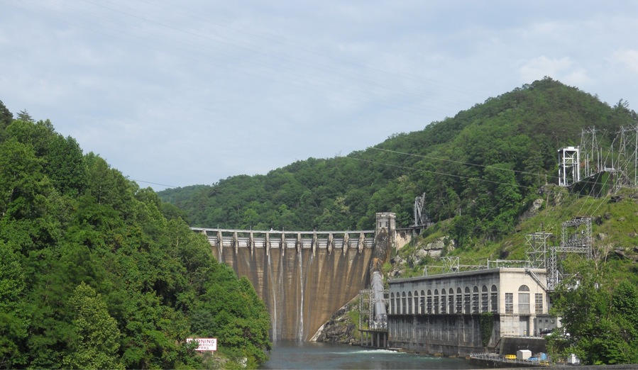 Cheoah Dam on the Little Tennessee River was built in 1919 and is below Fontana Dam. The dam is 225 Ft tall.
