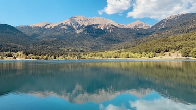 Beautiful lake surrounded by mountains in Korinthos, Greece taken on our last visit to Greece in September 2019
