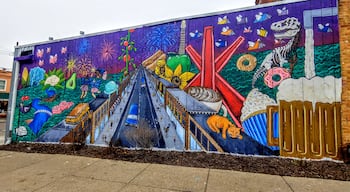 A mural featuring 25 Ann Arbor-themed references on the back of the Ann Arbor Art Center by seventeen year old artist Olivia Maldonado.