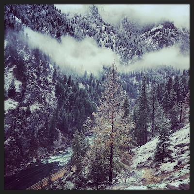 View from Skinny Dipper Hot Springs about a half mile hike up from the highway and South Fork Payette River on a snowy spring morning.