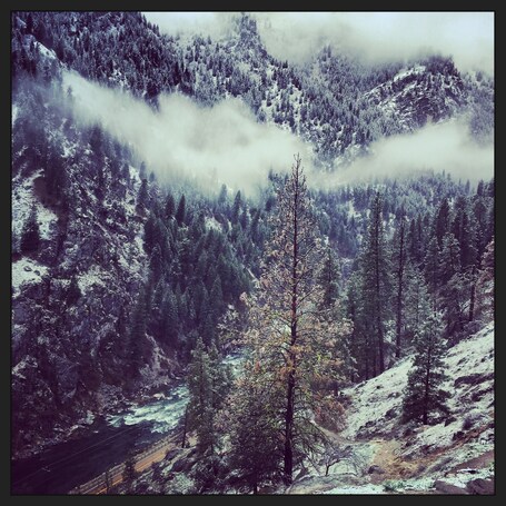 value: "View from Skinny Dipper Hot Springs about a half mile hike up from the highway and South Fork Payette River on a snowy spring  morning. "
