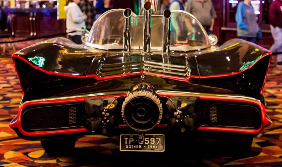 Shown here is the rear of the original Batmobile, which was a modified 1955 Lincoln Futura. The Batmobile was completed in 1965 and made its first debut on TV on January 1966 - it overheated, the battery went dead, and the expensive Mickey Thompson tires kept blowing. It was sold in an auction in 2013 for $4.2 million.