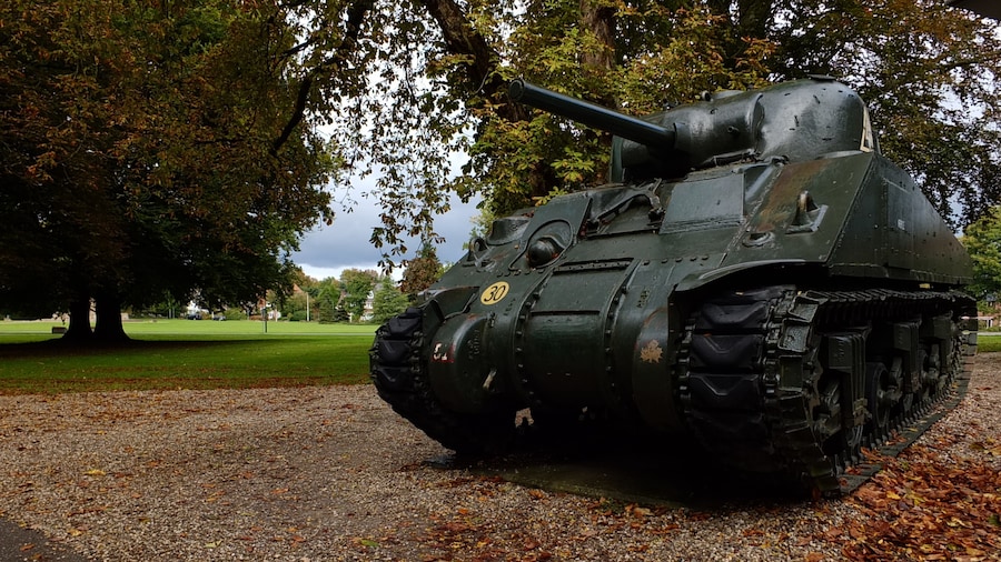 US tank at entrance.