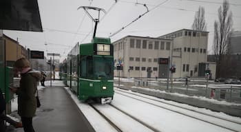 A tram station in Basel covered in snow