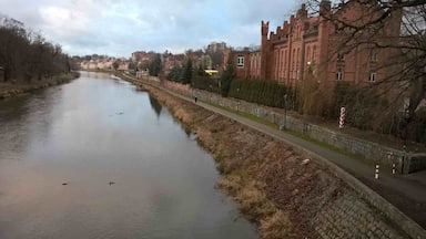 View of the Lustsina Neiesse river that separates Zgorzelec, Poland (visible on the right) from Görlitz, Germany.