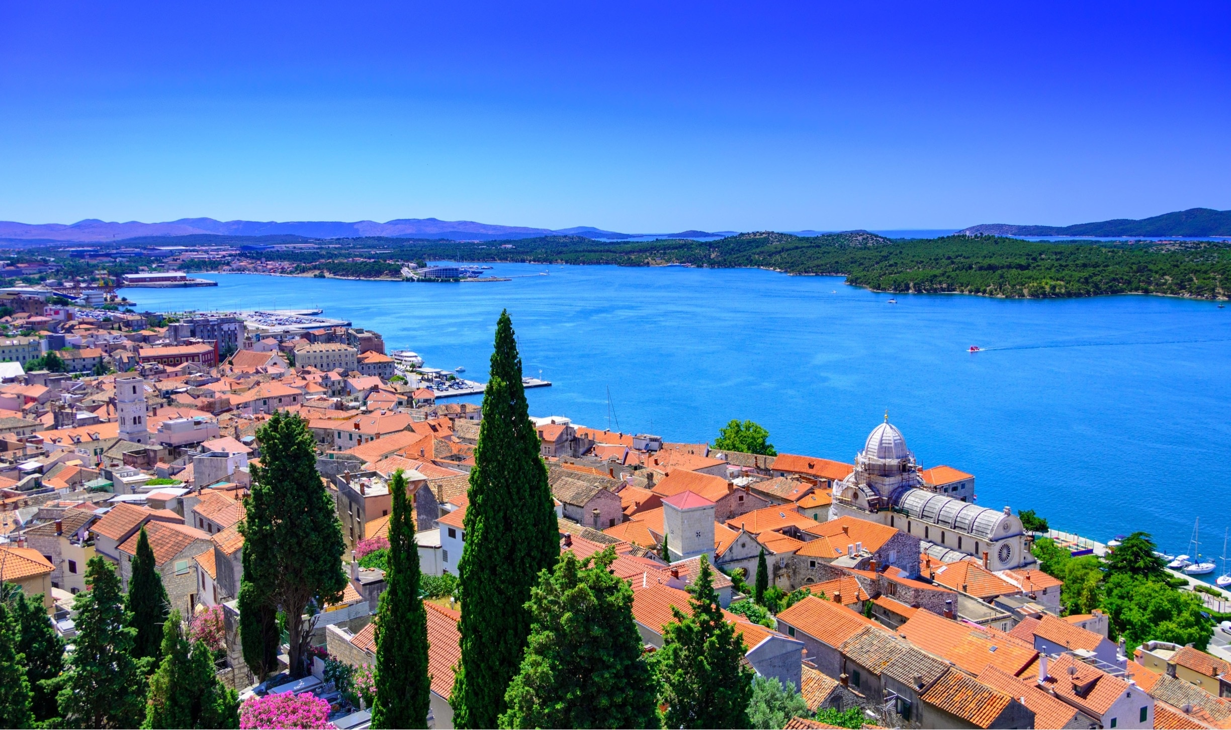 Cathedral of St James and Kanal-Luka in Šibenik, Croatia.  The cathedral was added to the list of UNESCO World Heritage Sites in 2000.  Photograph taken from St. Michael’s Fortress.