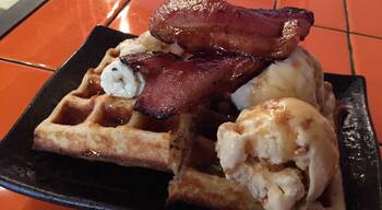 One of my favourites here. Waffles with ice cream and bacon :) Wash it down with a cup of #flatwhite 