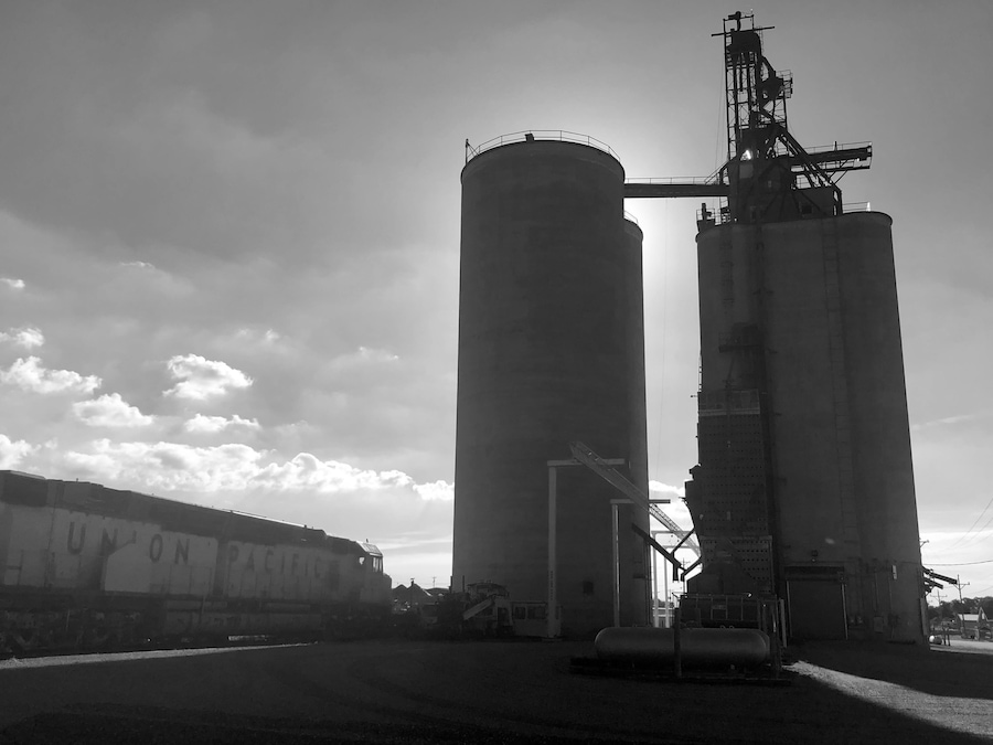 Rail cars and grain elevators, iconic heartland America.