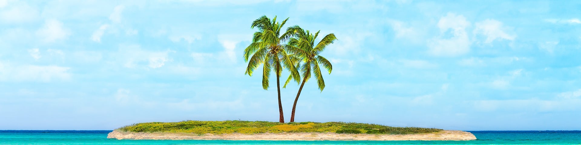 Beautiful Caribbean sea glowing and warm sunlight bathing on some remote coconut palm trees on a deserted island.