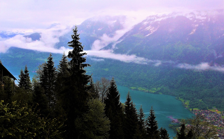 I took this on May 28th at Switzerland's Harder Kulm! It's a great viewpoint at 1,321 m (4,334 ft) in the Berner Oberland. The Berner Oberland being one of the most picturesque parts of Switzerland. I only got to see a slice of it and I'm so glad I did :). One of those slices was at this top station. It's an easy funicular ride from Interlaken. I got there right before the fog engulfed everything!! Literally just a few minutes later this was all swallowed up by fog! But, though covered in atmosphere, I still got incredible mountain & lake views. Including views to the right side, as well, with even more mountains and a lovely valley! There is also Lake Thun on the right side but I wasn't able to see it - the fog already claimed the land! And, the lake you see here is Lake Brienz. I'd love to return someday and get more clear views. But, I can't complain, really. I loved the magic mood! The next day was my final one in Switzerland - I headed to the iconic Matterhorn!