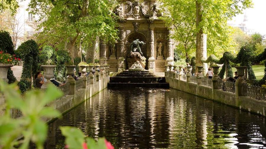 This historical fountain with its statues, called Fontaine Medici, was constructed in the 1600s and is located inside the Luxembourg gardens