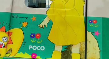 This train is a train named "Pocoden". This has been drawn Japanese cartoon characters. I exhaustively is drawn entirely different picture to the train door. Very cute!