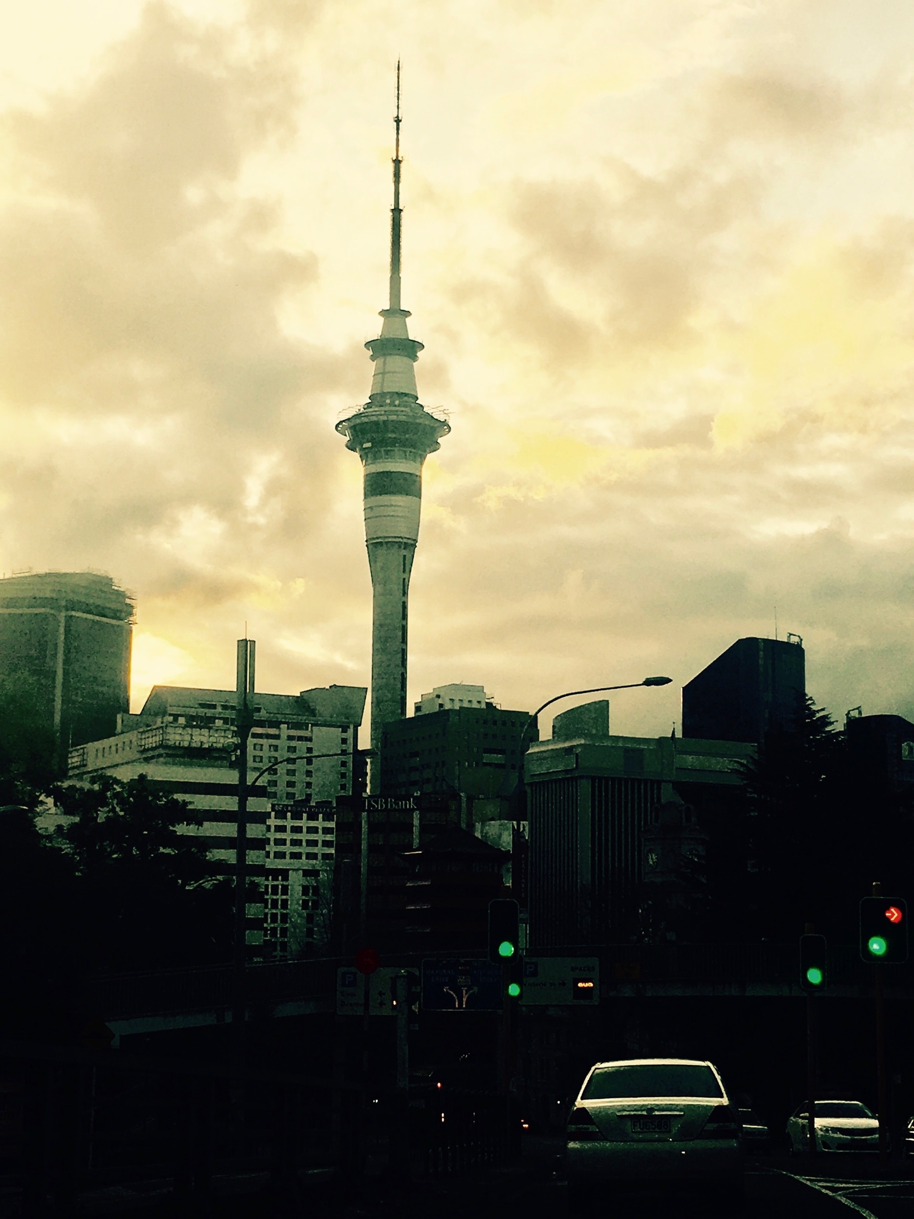 Sunset on the Sky Tower in Auckland creating a moody backdrop. 