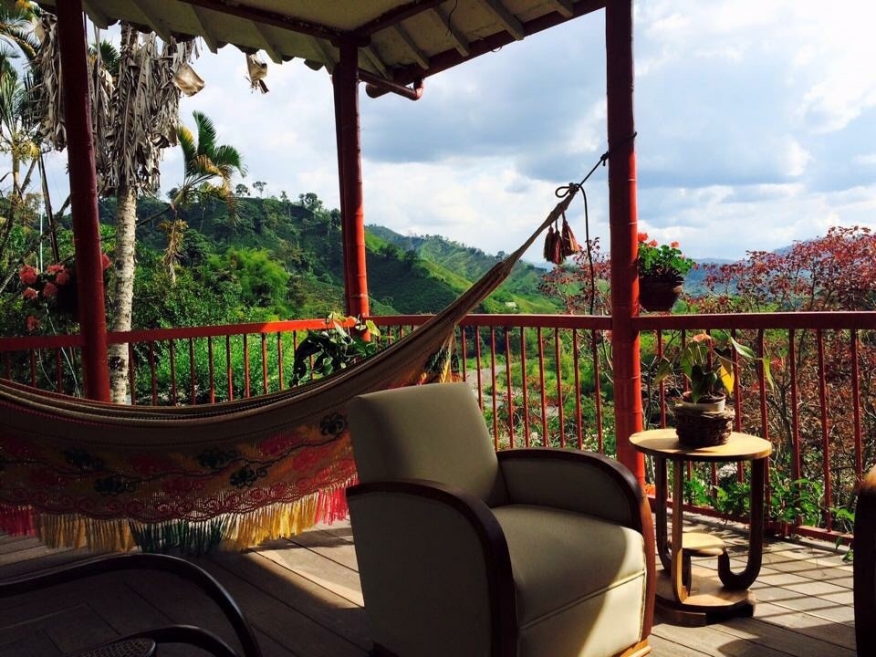 Beautiful and relaxing view from the coffee farm main house. Boutique and budget accommodation available at the farm as well as affordable and comprehensive coffee and cacao tours from English speaking local guides #nocomplaints #lifeisbeautiful #coffeefarm #colombia